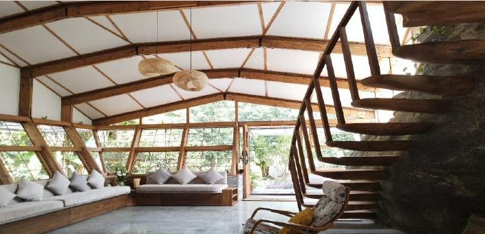 Light-filled timber interior opening onto trees, from the N+M Residence